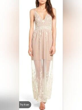 Wayf Women's Clara Embroidered Mesh Maxi Dress Sheer Lace Overlay S